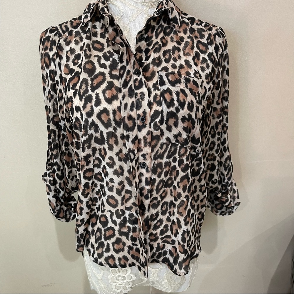 H & M Womens Leopard Button Collar Blouse Size 2